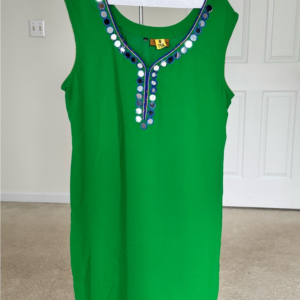Green Sleeveless Dress with Blue Embellishments - Indian Wedding